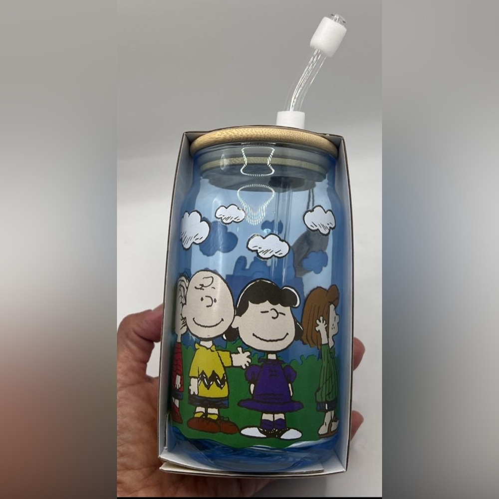 Peanuts Characters Blue Glass Jar Tumbler with Straw
